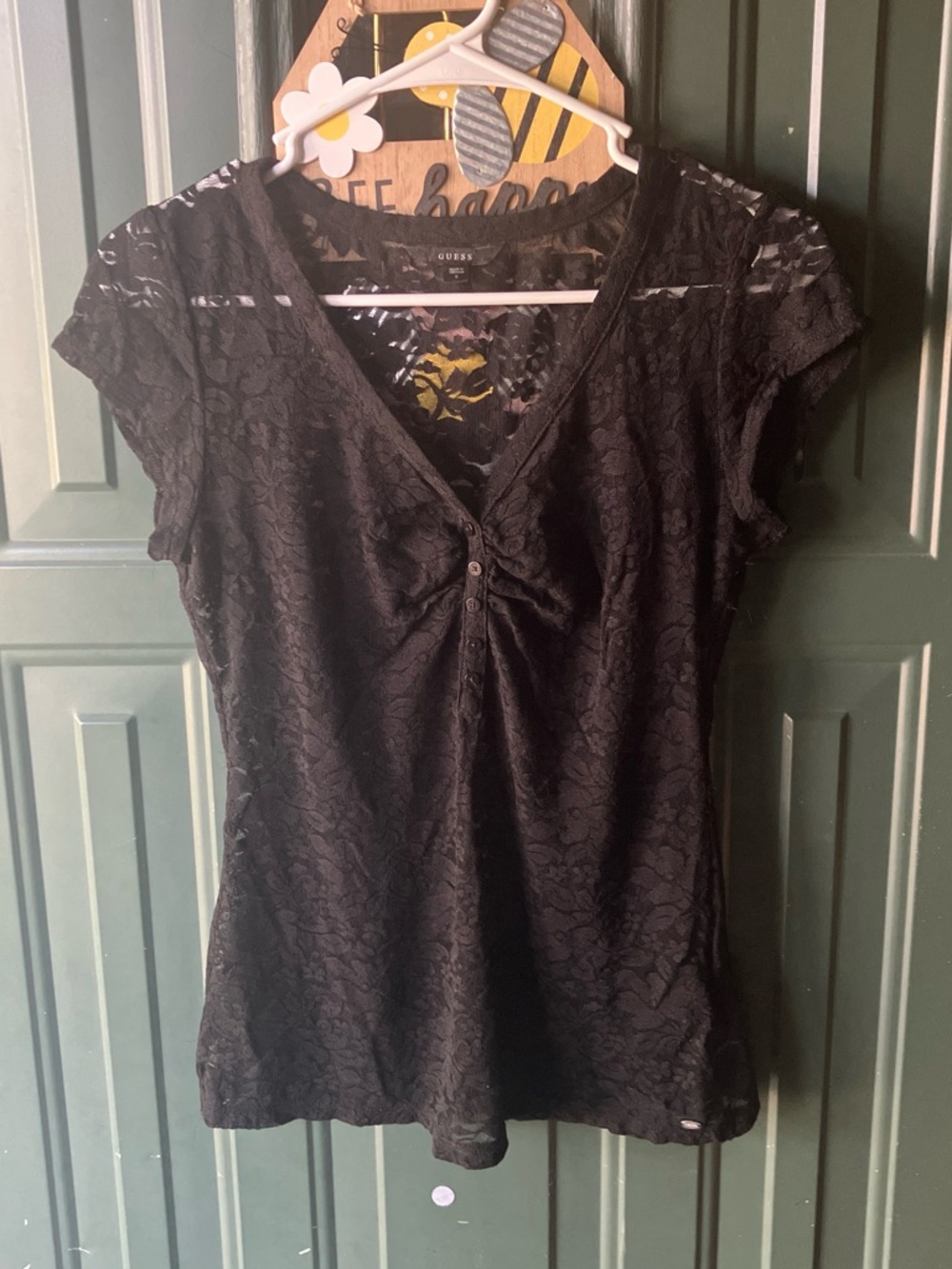 GUESS Black Lace V-Neck Short Sleeve Top